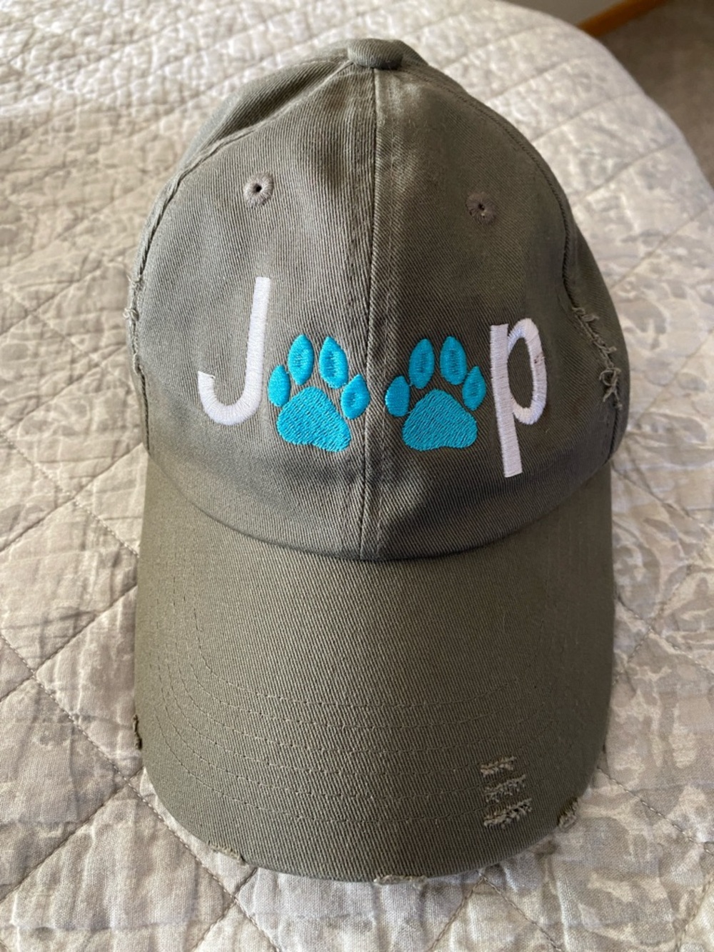 Jeep Hat with Bright Turquoise Paw Embroidery